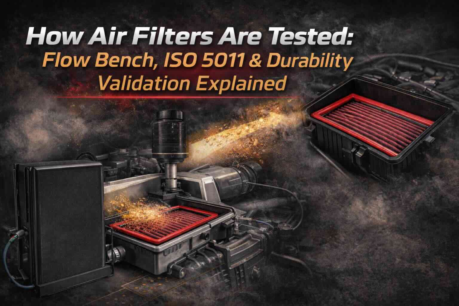 Hero image showing air filter testing setup with a flow bench machine and red pleated filter undergoing ISO 5011 style airflow and durability validation.