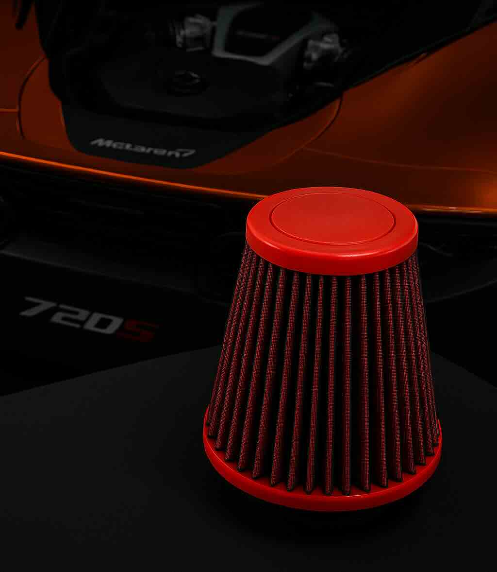 Red BMC FB01022 performance air filter in front of a McLaren 720S, with 765LT and GT models referenced, highlighting airflow, filtration, and racing heritage.