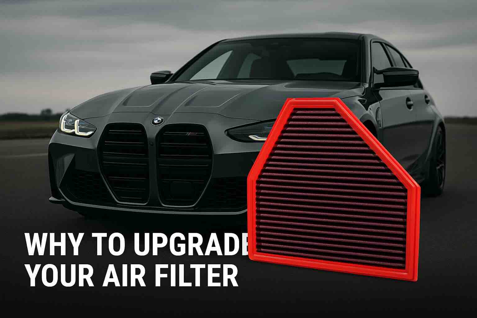 A red BMC FB01118 performance panel air filter displayed in front of a grey BMW M3 G80, highlighting superior airflow, filtration, and racing heritage.