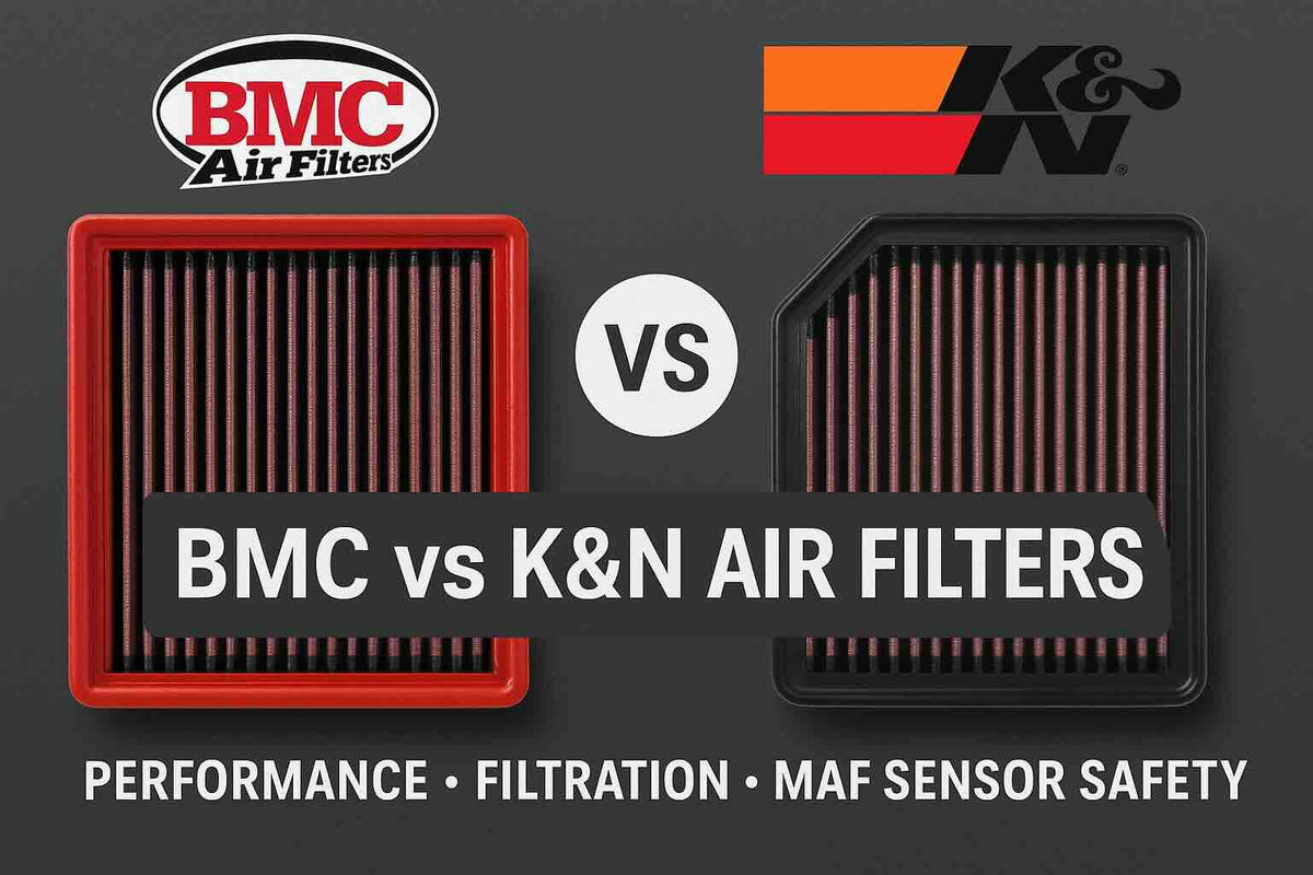 Illustrated comparison of red BMC and black K&N air filters with performance, filtration and MAF safety topics