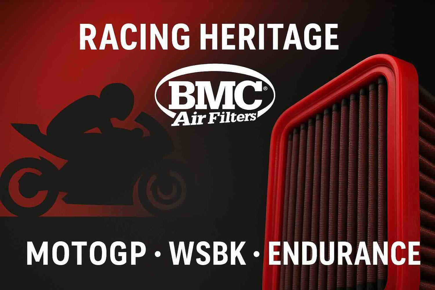 BMC Air Filters promotional graphic highlighting MotoGP racing heritage and high-performance engineering.