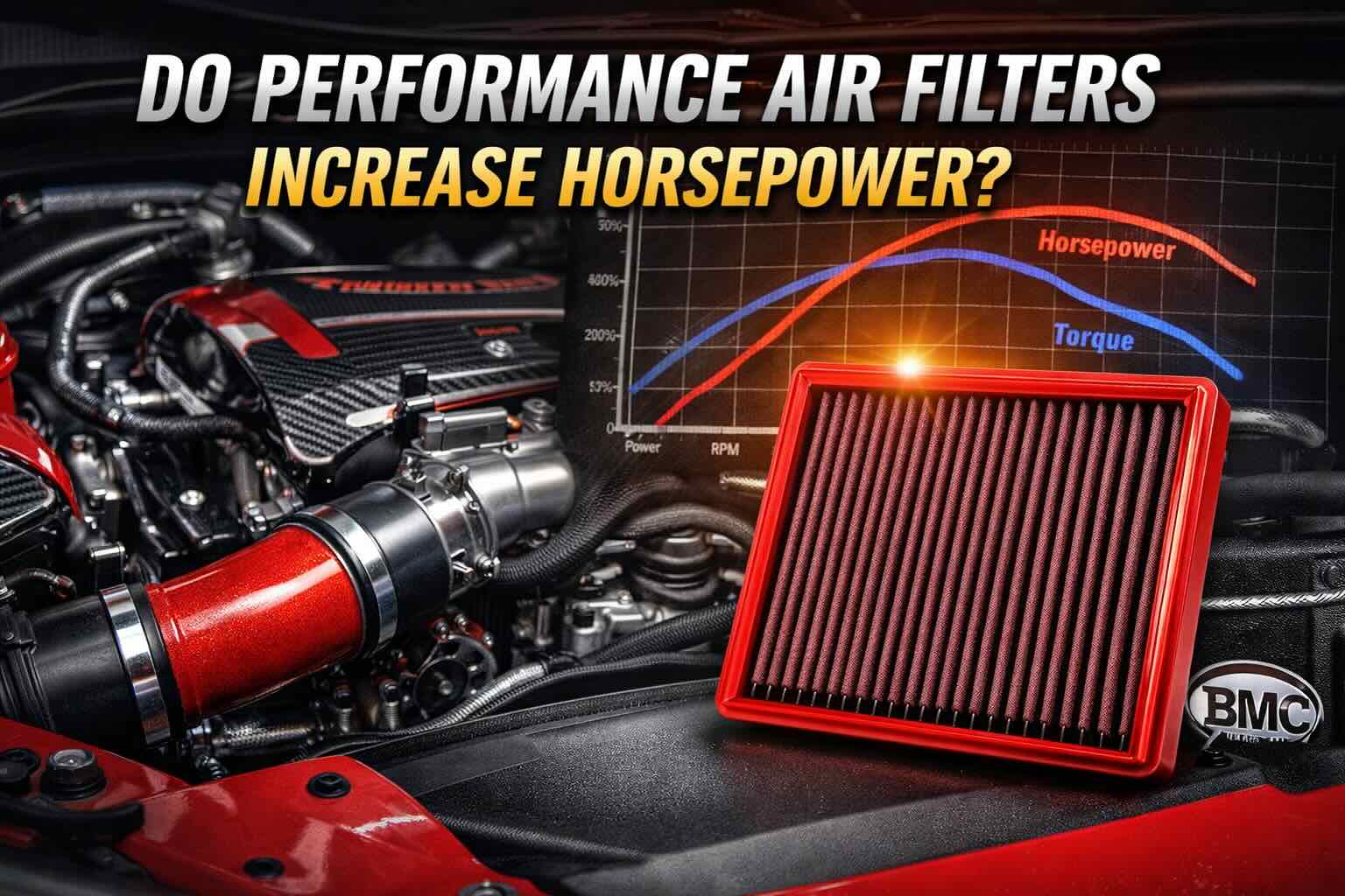 Performance air filter and turbocharged engine with dyno horsepower and torque graph illustrating airflow restriction and horsepower testing.
