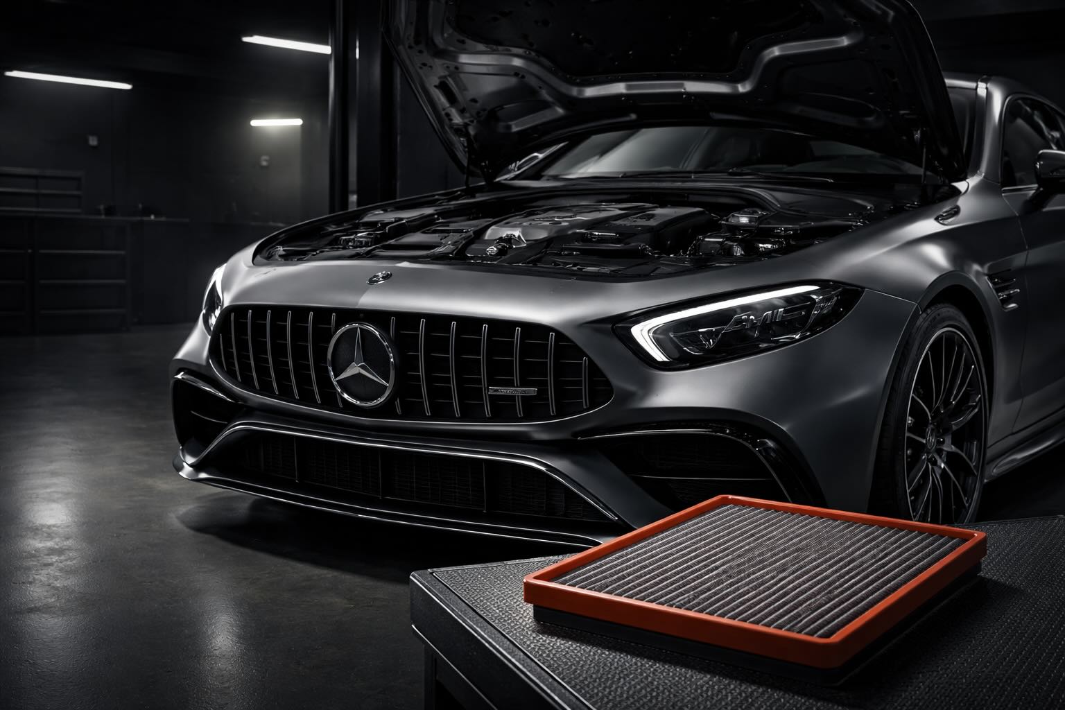 Mercedes-AMG performance car with hood open in a high-end studio garage, featuring a premium panel air filter in the foreground and dramatic editorial lighting.