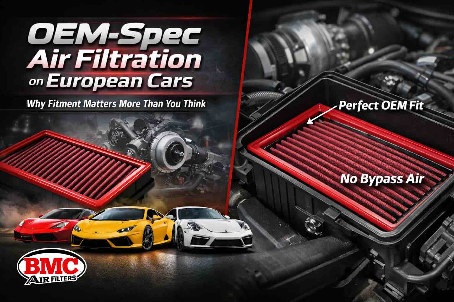 OEM-spec BMC air filter installed in a European car airbox, highlighting precise fitment, uniform sealing, and engineered airflow for turbocharged engines.