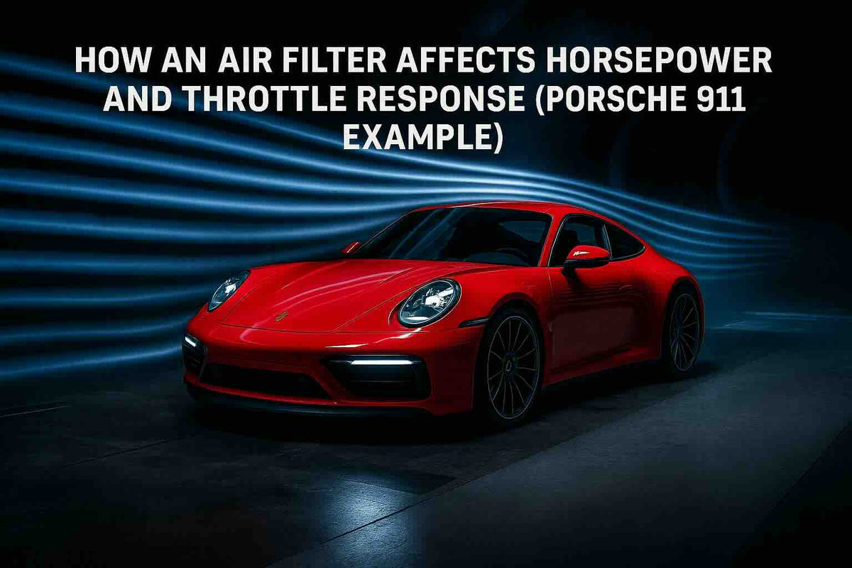 Illustration of a red Porsche 911 with blue airflow lines and an air filter performance guide title