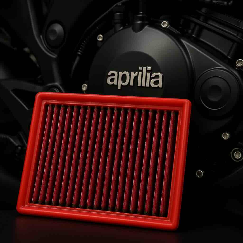 Red BMC performance air filter in front of an Aprilia motorcycle engine – washable, high-flow filter designed for Italian racing bikes.