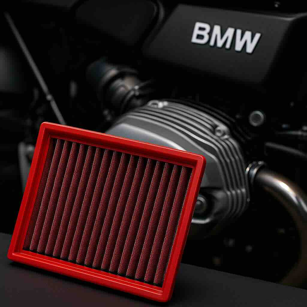 Red BMC performance air filter in front of a BMW motorcycle engine – washable, high-flow filter designed for performance and long-distance touring bikes.