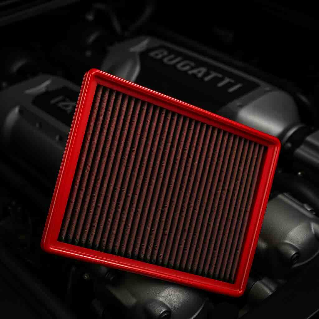 Red BMC performance air filter in front of a Bugatti W16 engine bay – washable, high-flow filter designed for hypercar performance and protection.