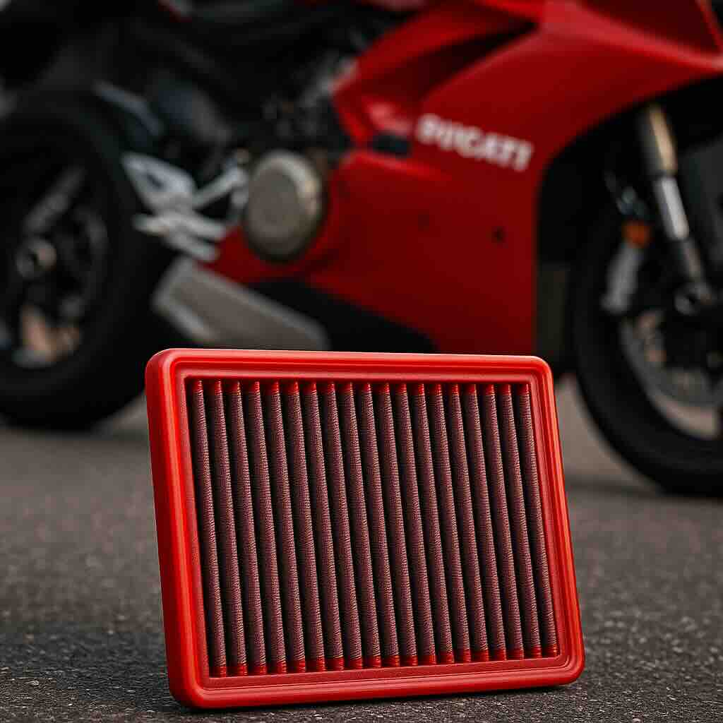 Red BMC performance air filter in front of a Ducati motorcycle engine – washable, high-flow filter designed for Italian superbikes.