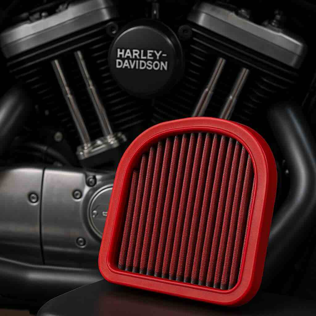 Red BMC performance air filter in front of a Harley-Davidson V-twin engine – washable, high-flow filter designed for cruiser motorcycles.