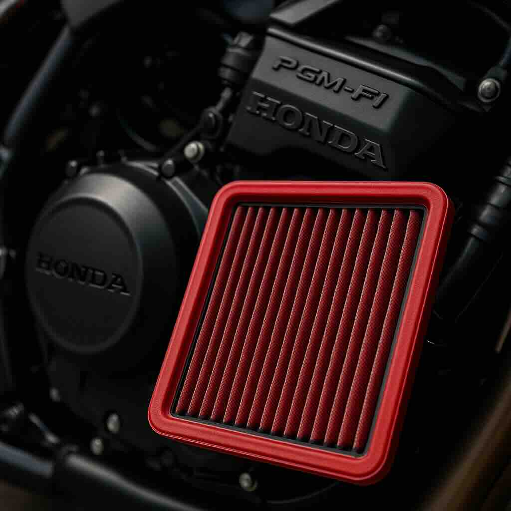 Red BMC performance air filter in front of a Honda motorcycle engine – washable, high-flow filter designed for sportbike performance and reliability.