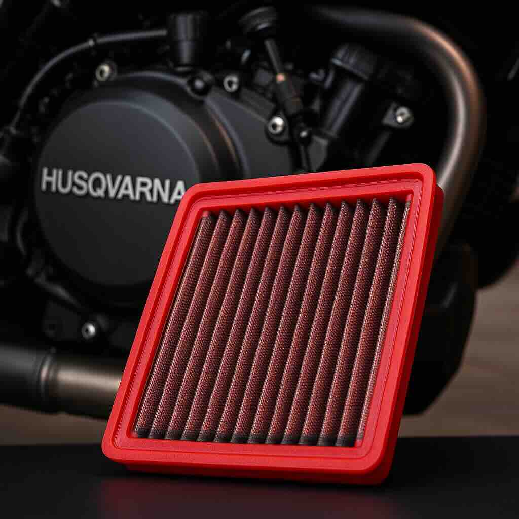 Red BMC flat panel air filter in front of a Husqvarna motorcycle engine – washable, high-flow filter designed for enduro and street performance.