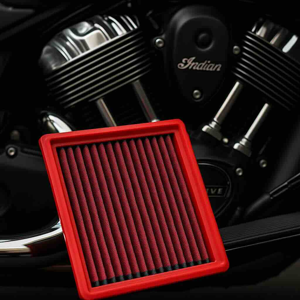Red BMC performance air filter in front of an Indian Motorcycle V-twin engine – washable, high-flow filter designed for cruiser performance.