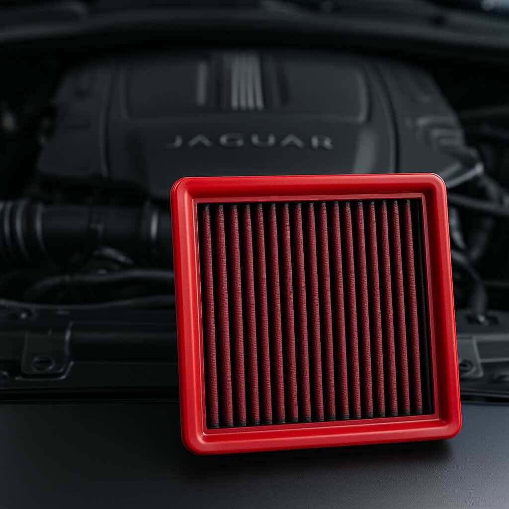 Red BMC performance air filter in front of a Jaguar engine bay – washable, high-flow filter designed for luxury performance cars.