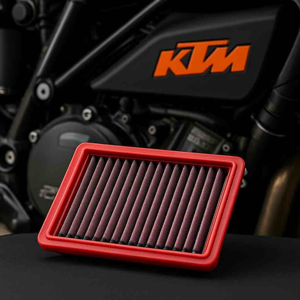 Red BMC flat panel air filter in front of a KTM motorcycle engine – washable, high-flow filter designed for racing and enduro performance.