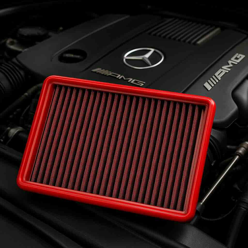 Red BMC performance air filter in front of a Mercedes-AMG engine bay – washable, high-flow filter engineered for German luxury performance vehicles.