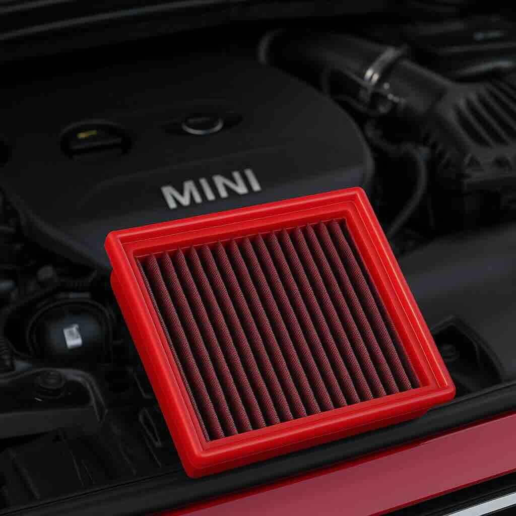 Red BMC performance air filter in front of a Mini Cooper engine bay – washable, high-flow filter engineered for compact performance cars.