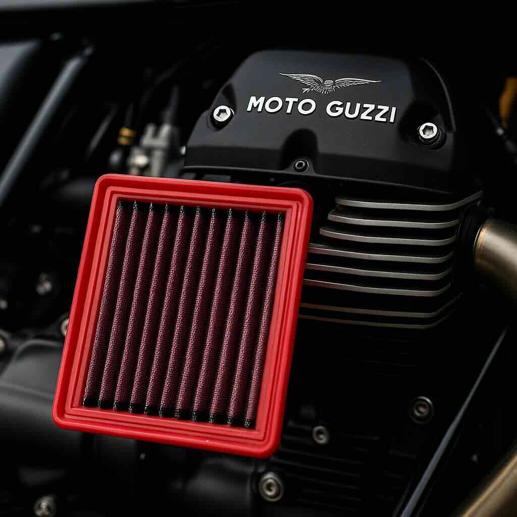 Red BMC flat panel air filter in front of a Moto Guzzi transverse V-twin engine – washable, high-flow filter designed for Italian motorcycles.