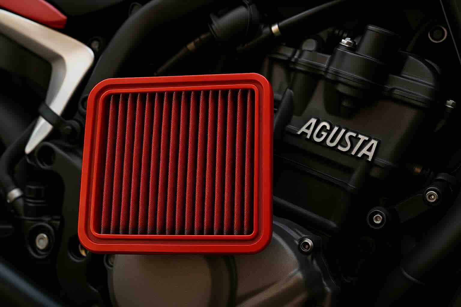 Red BMC performance air filter in front of an MV Agusta motorcycle engine – washable, high-flow filter designed for Italian superbikes.