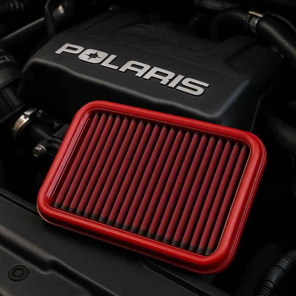 Red BMC performance air filter resting on a Polaris engine—washable, reusable, high-flow design for improved power and protection on off-road vehicles.