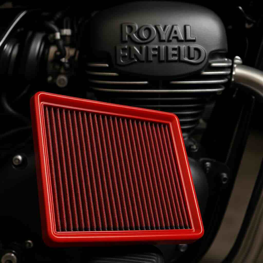 Red BMC flat panel air filter in front of a Royal Enfield motorcycle engine – washable, high-flow filter designed for classic and modern bikes.