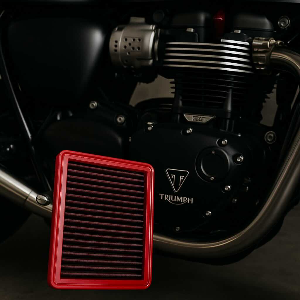 Red BMC performance air filter in front of a Triumph motorcycle engine – washable, high-flow filter designed for British motorcycles.