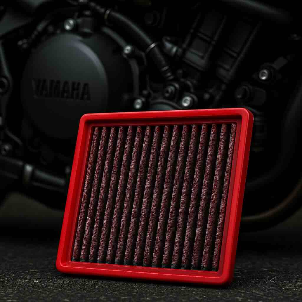 Red BMC performance air filter in front of a Yamaha motorcycle engine – washable, high-flow filter designed for sportbike performance and reliability.