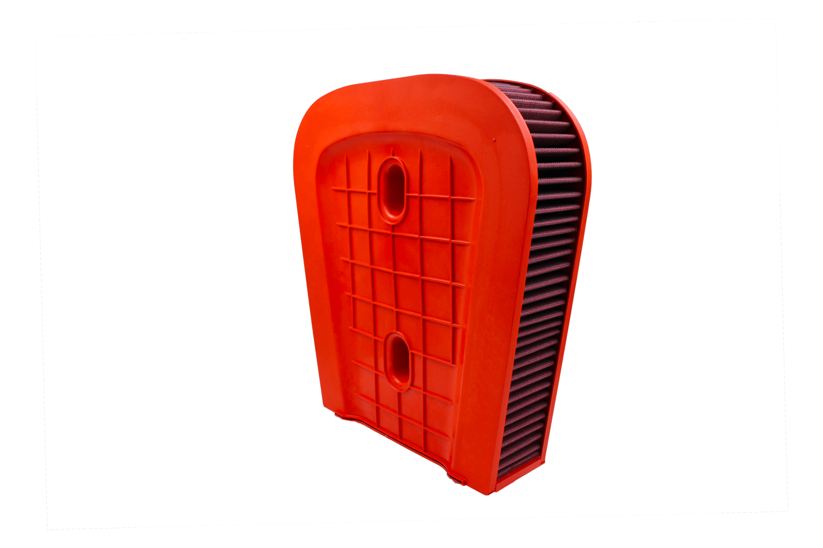 BMC FB01023 red cotton replacement air filter assembly, assembly upright three-quarter view
