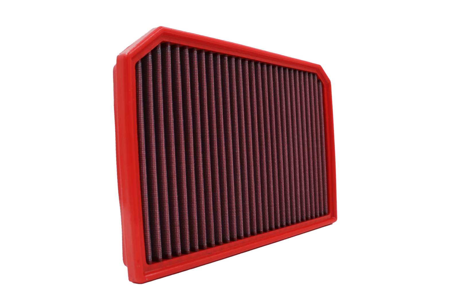 BMC FB01045 red cotton replacement panel air filter, upright three-quarter view