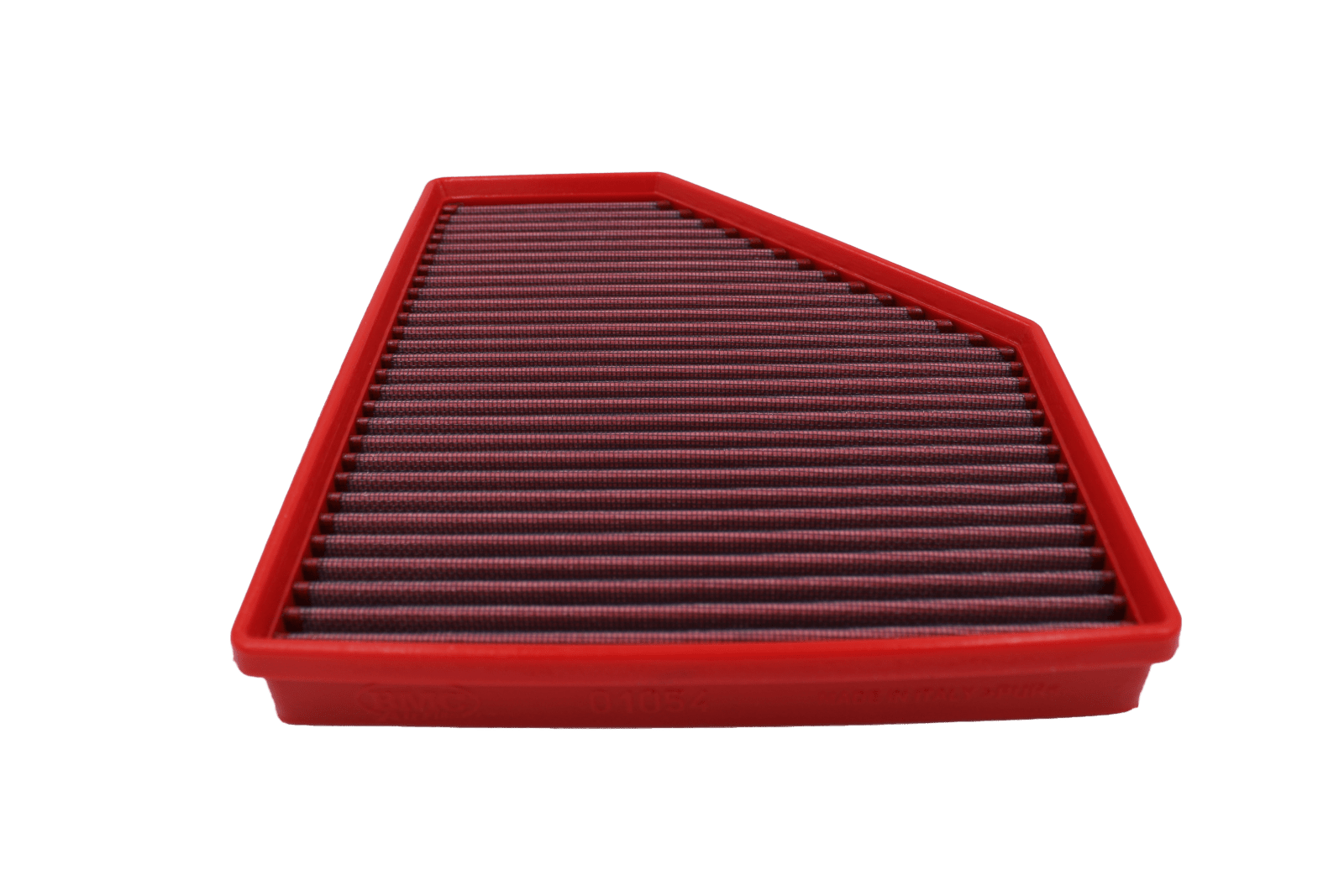 BMC FB01054 red cotton replacement panel air filter, low front three-quarter view