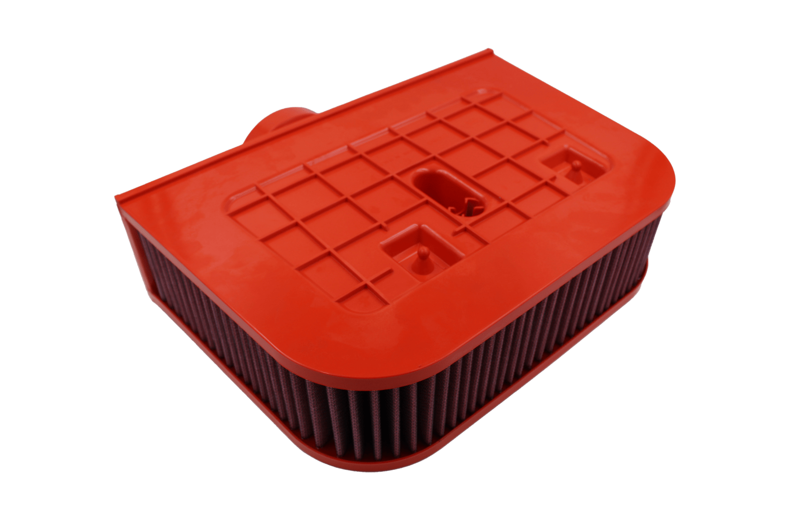 BMC FB01060 red cotton replacement air filter assembly, assembly underside three-quarter view