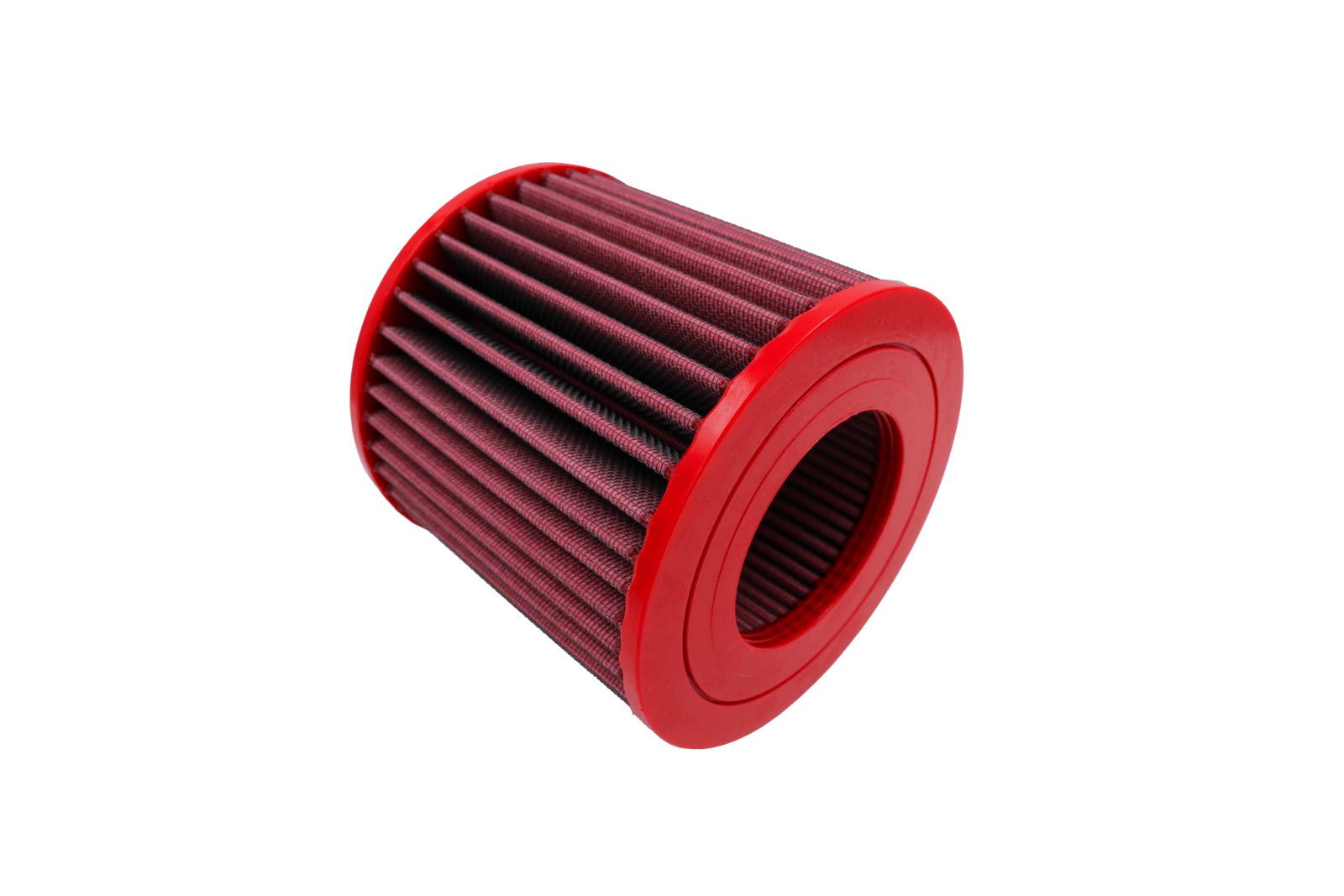 BMC FB01071 red cotton replacement cylindrical air filter, inlet-end three-quarter view