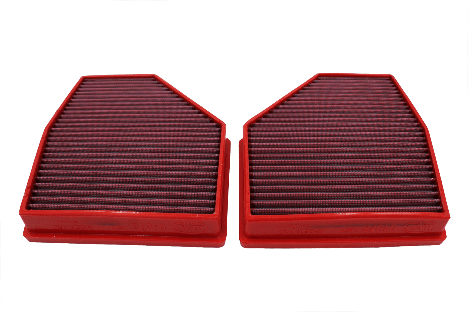 BMC FB01073 red cotton replacement panel air filter, two-filter low three-quarter view