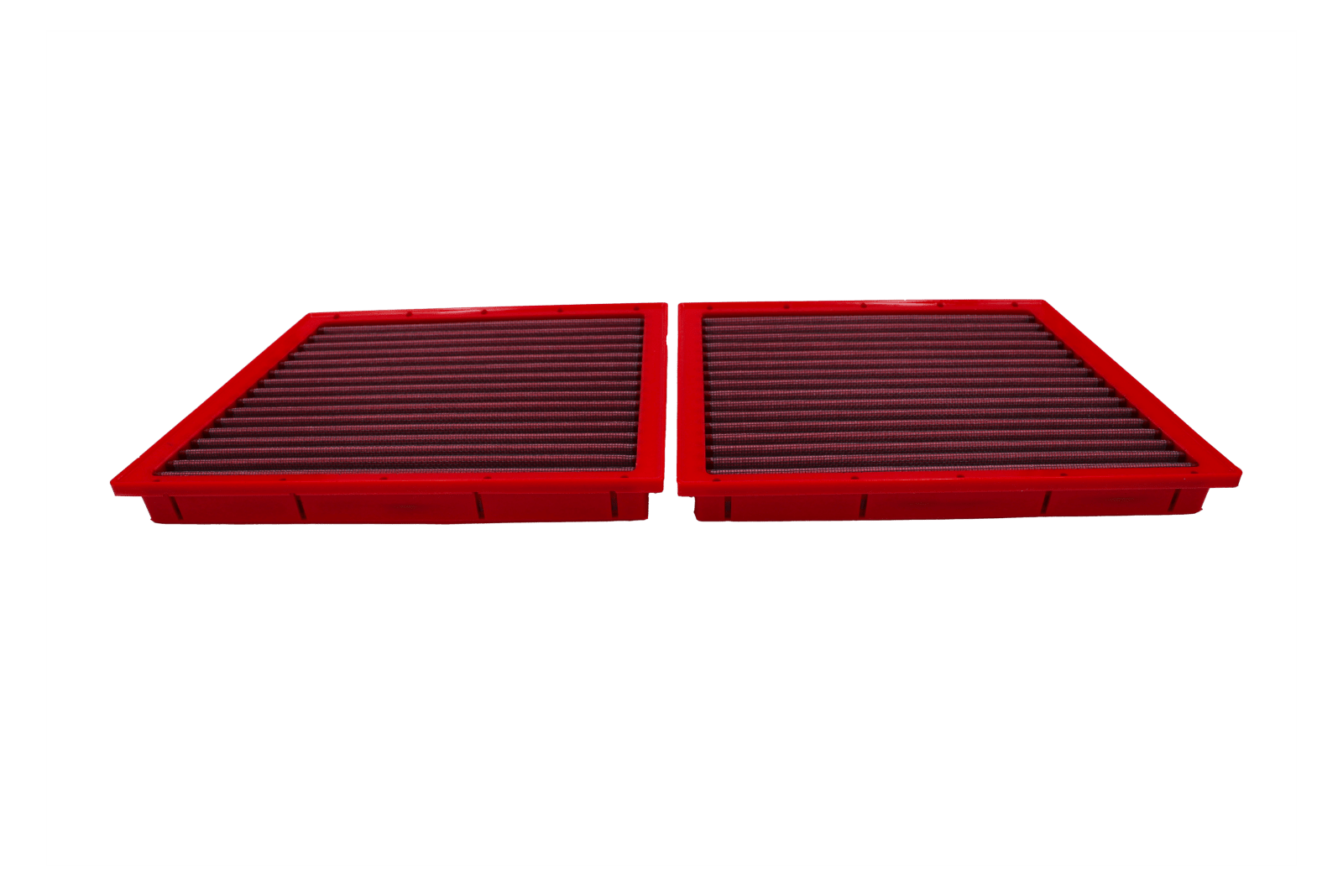 BMC FB01075 red cotton replacement panel air filter, two-filter low three-quarter view