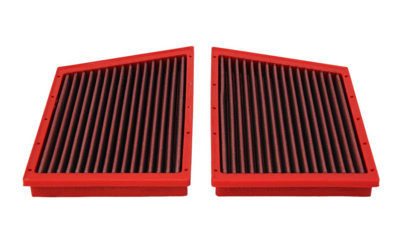 Red BMC high-performance air filter FB01075 installed in the engine bay of a Porsche 992 — washable OEM-style upgrade for Carrera, Turbo, and Targa.