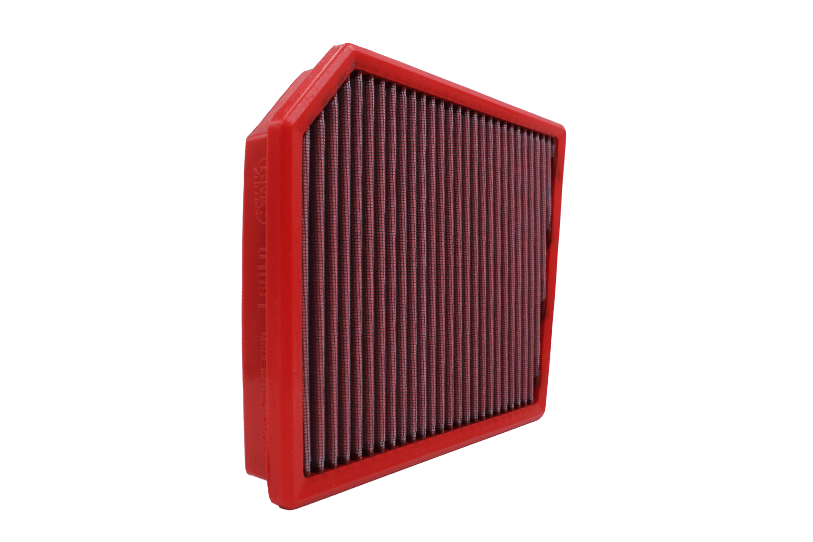 BMC FB01091 red cotton replacement panel air filter, upright three-quarter view