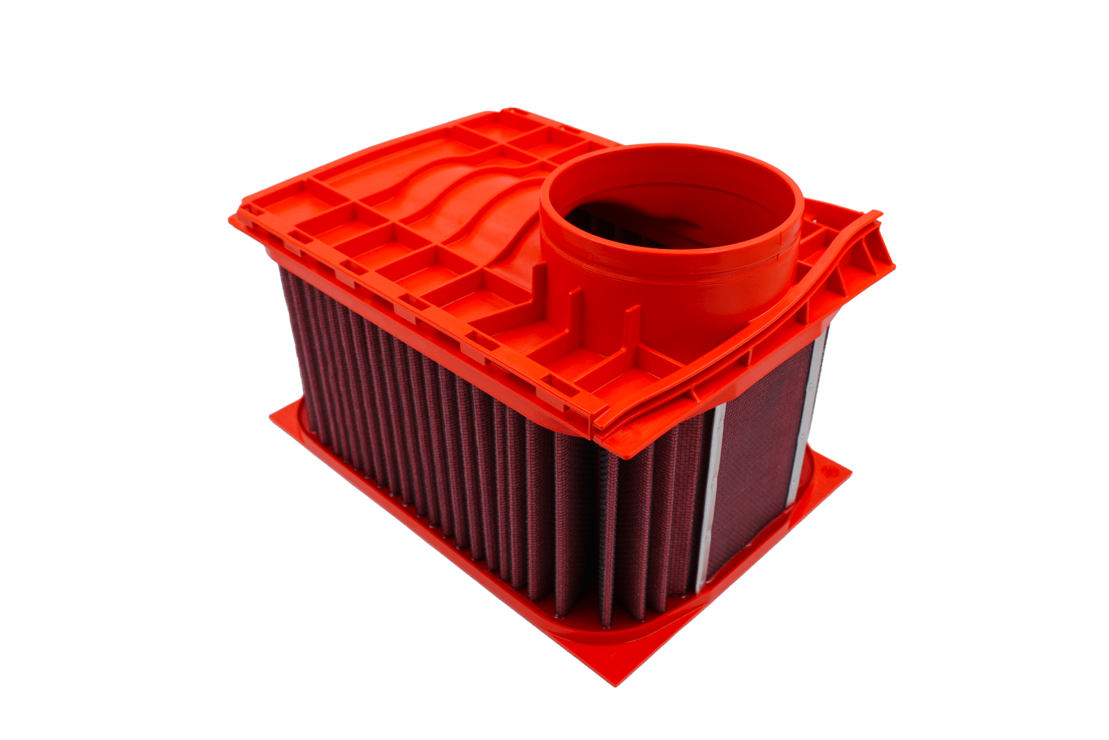 BMC FB01098 red cotton replacement air filter assembly, assembly underside three-quarter view