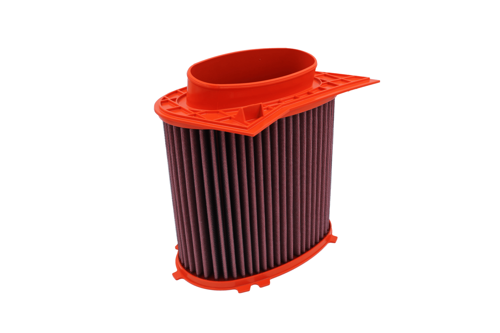 BMC FB01099 red cotton replacement air filter assembly, upright assembly three-quarter view