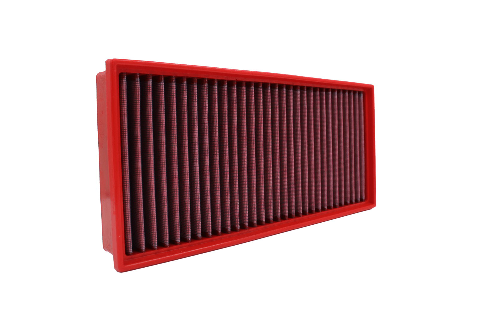 BMC FB01111 red cotton replacement panel air filter, upright three-quarter view