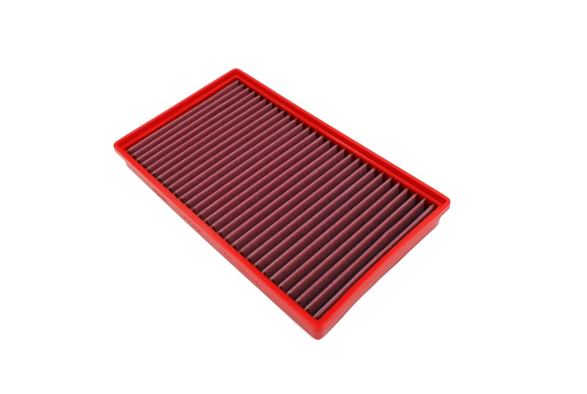 BMC FB01136 red cotton replacement panel air filter, top three-quarter view