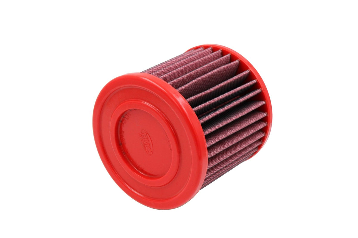 BMC FB01146 red cotton replacement cylindrical air filter, closed-end three-quarter view