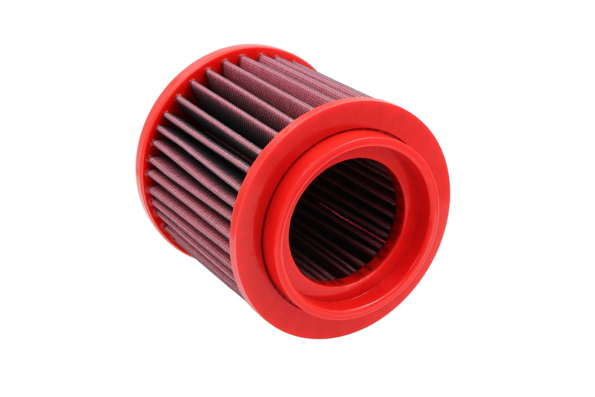 BMC FB01146 red cotton replacement cylindrical air filter, inlet-end three-quarter view