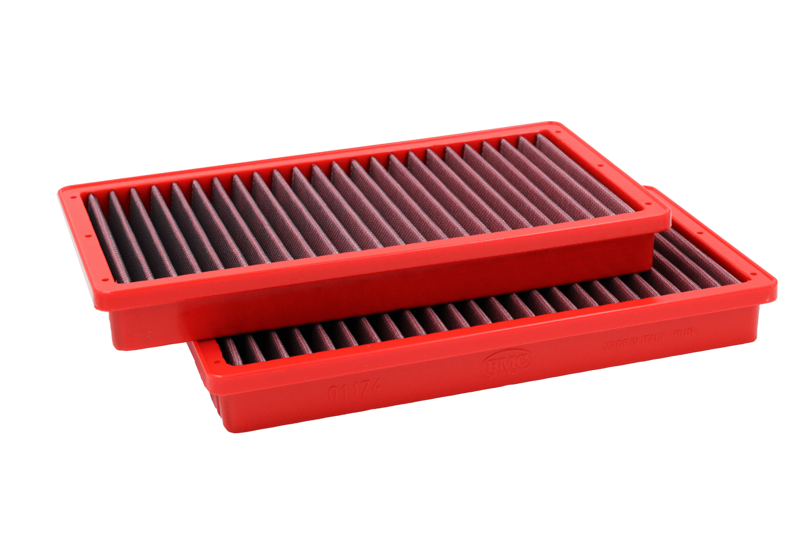 BMC FB01174 red cotton replacement panel air filter, upright edge-angle view