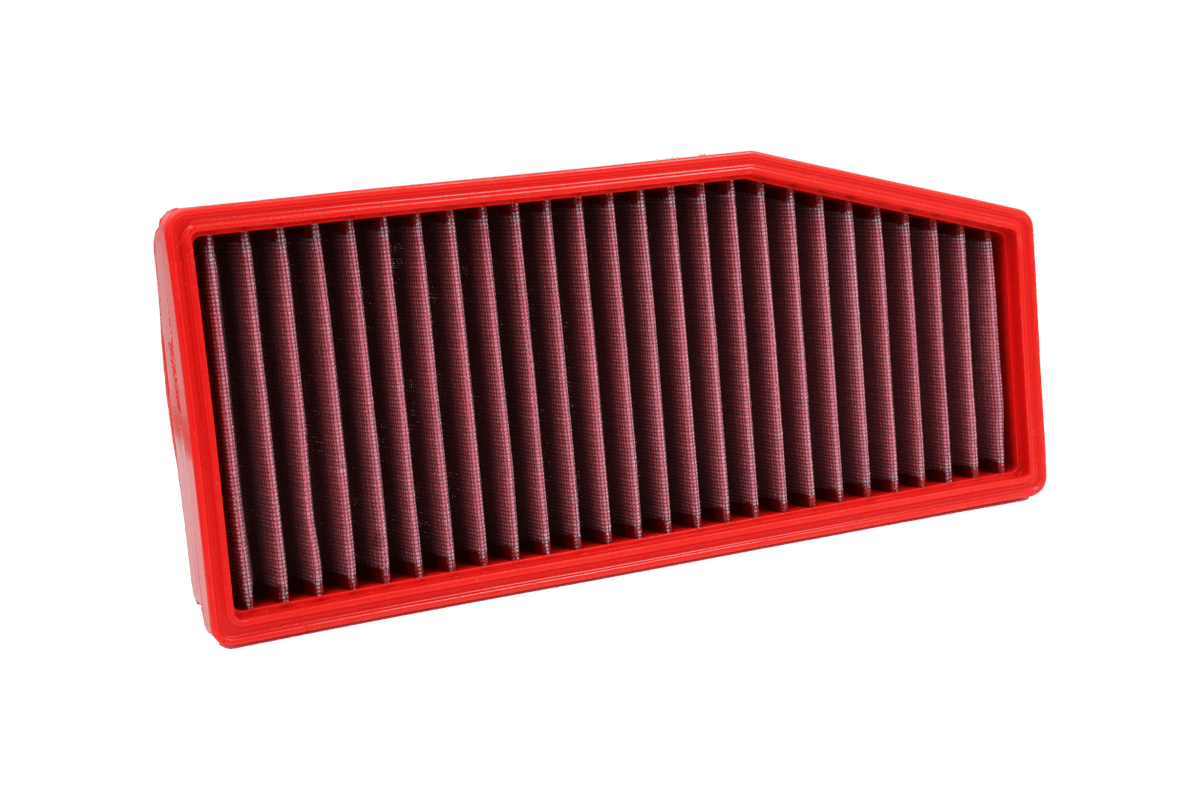 BMC FB01175 red cotton replacement panel air filter, two-filter stacked top three-quarter view