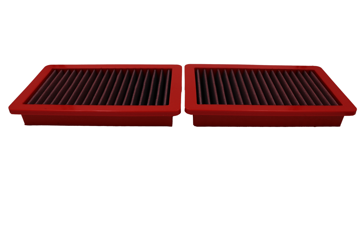 BMC FB01186 red cotton replacement panel air filter, two-filter low three-quarter view