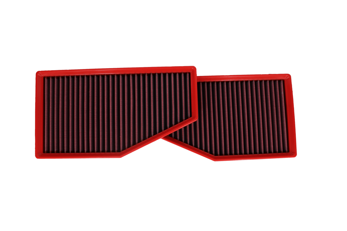 BMC FB01195 red cotton replacement panel air filter, overlapping two-filter face-on view