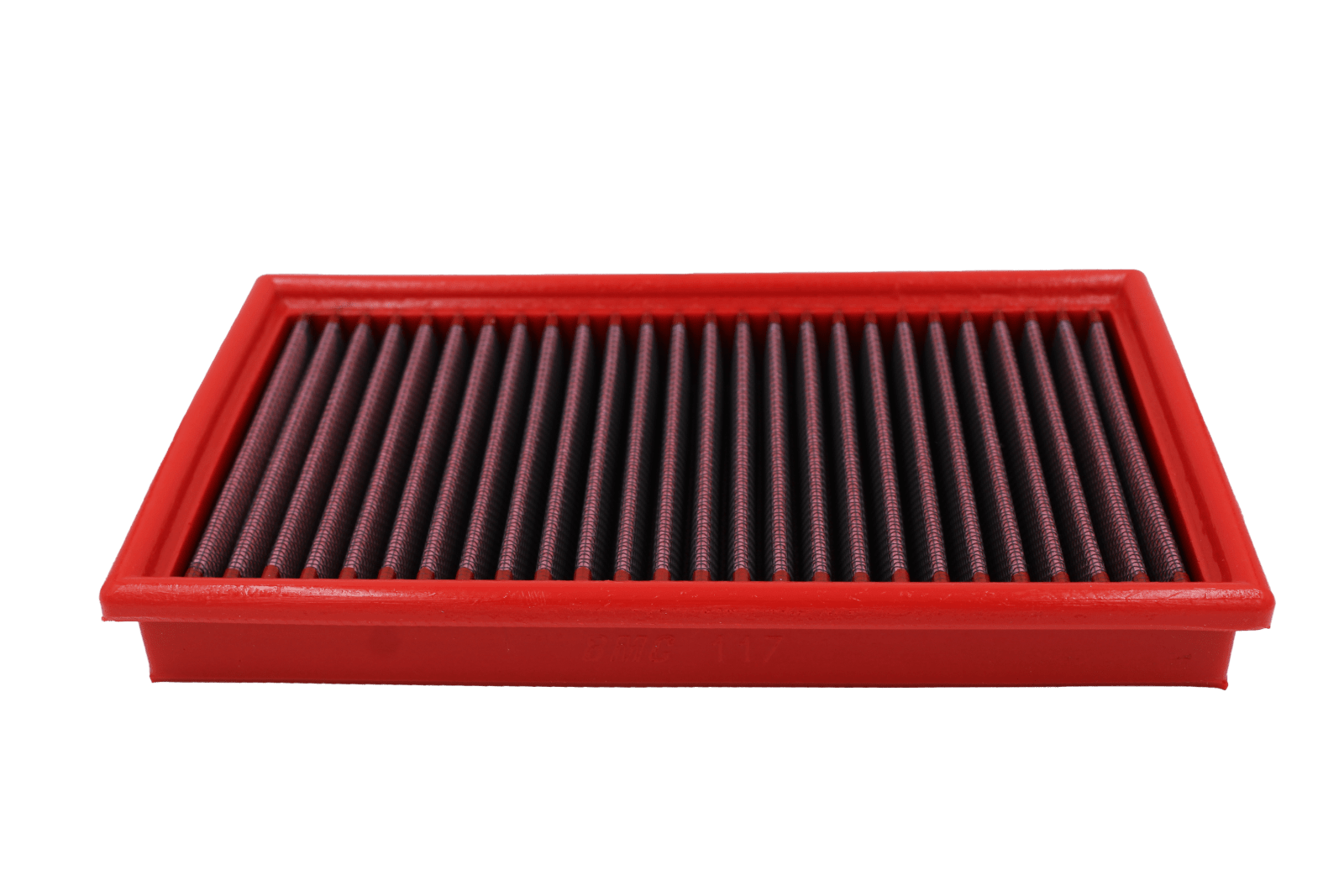 BMC FB117/01 red cotton replacement panel air filter, low three-quarter view