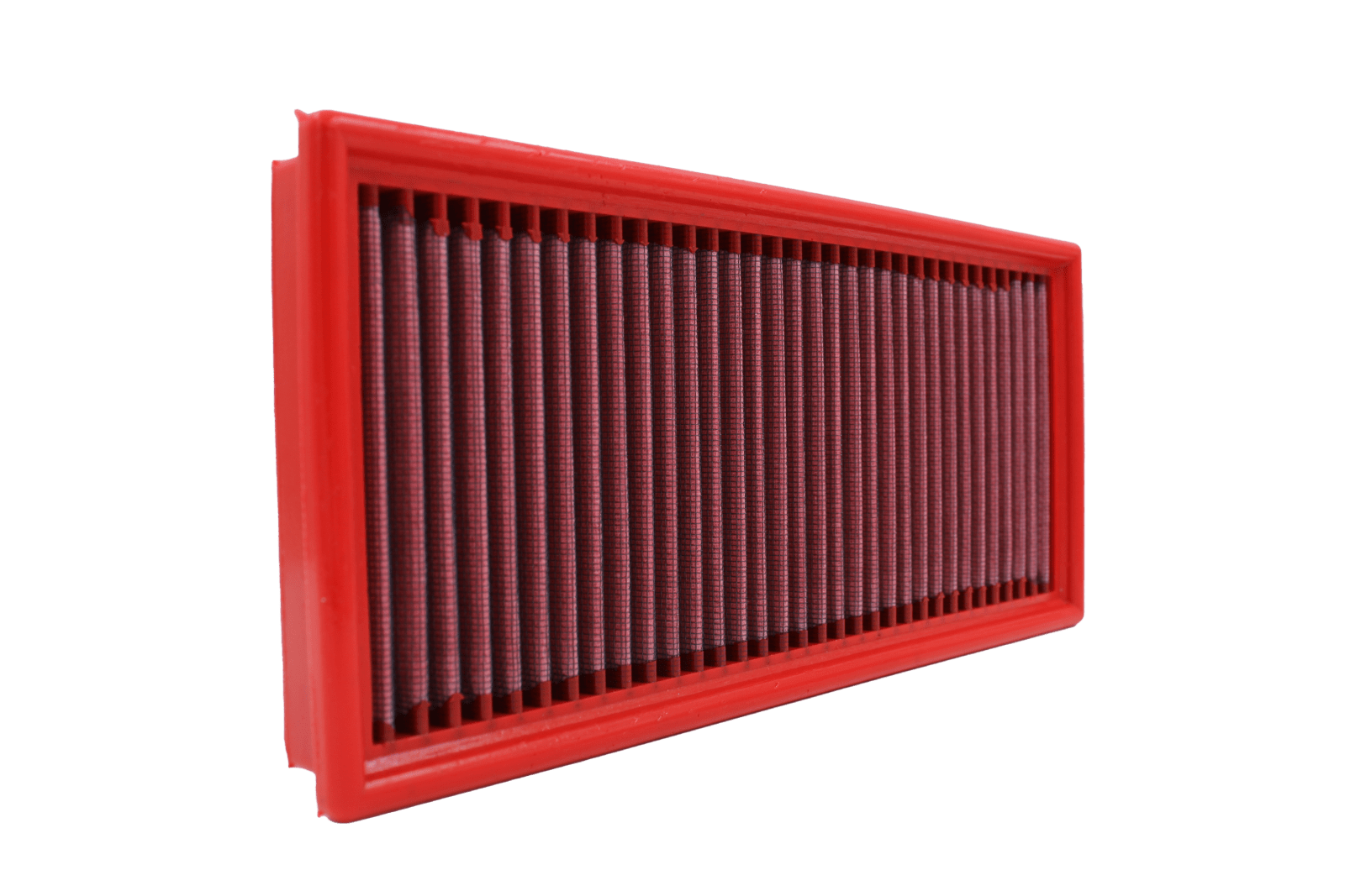 BMC FB121/01 red cotton replacement panel air filter, upright three-quarter view