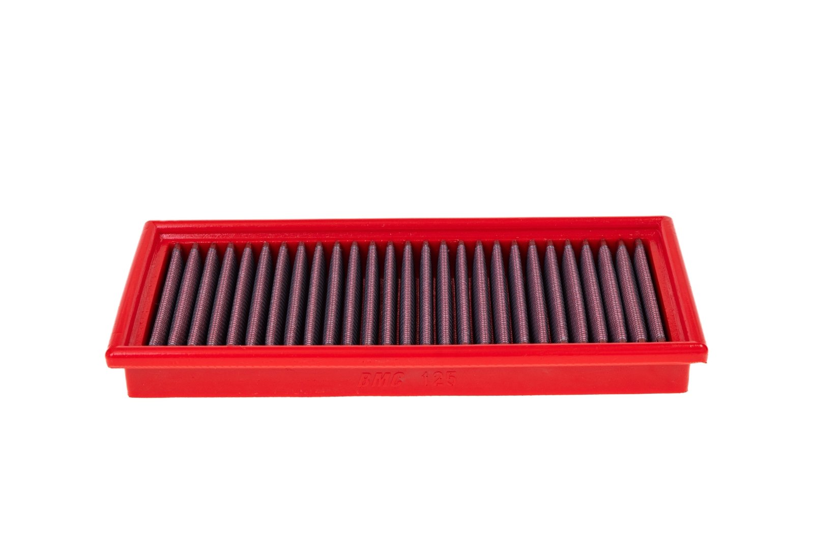BMC FB125/01 red cotton replacement panel air filter, low three-quarter view