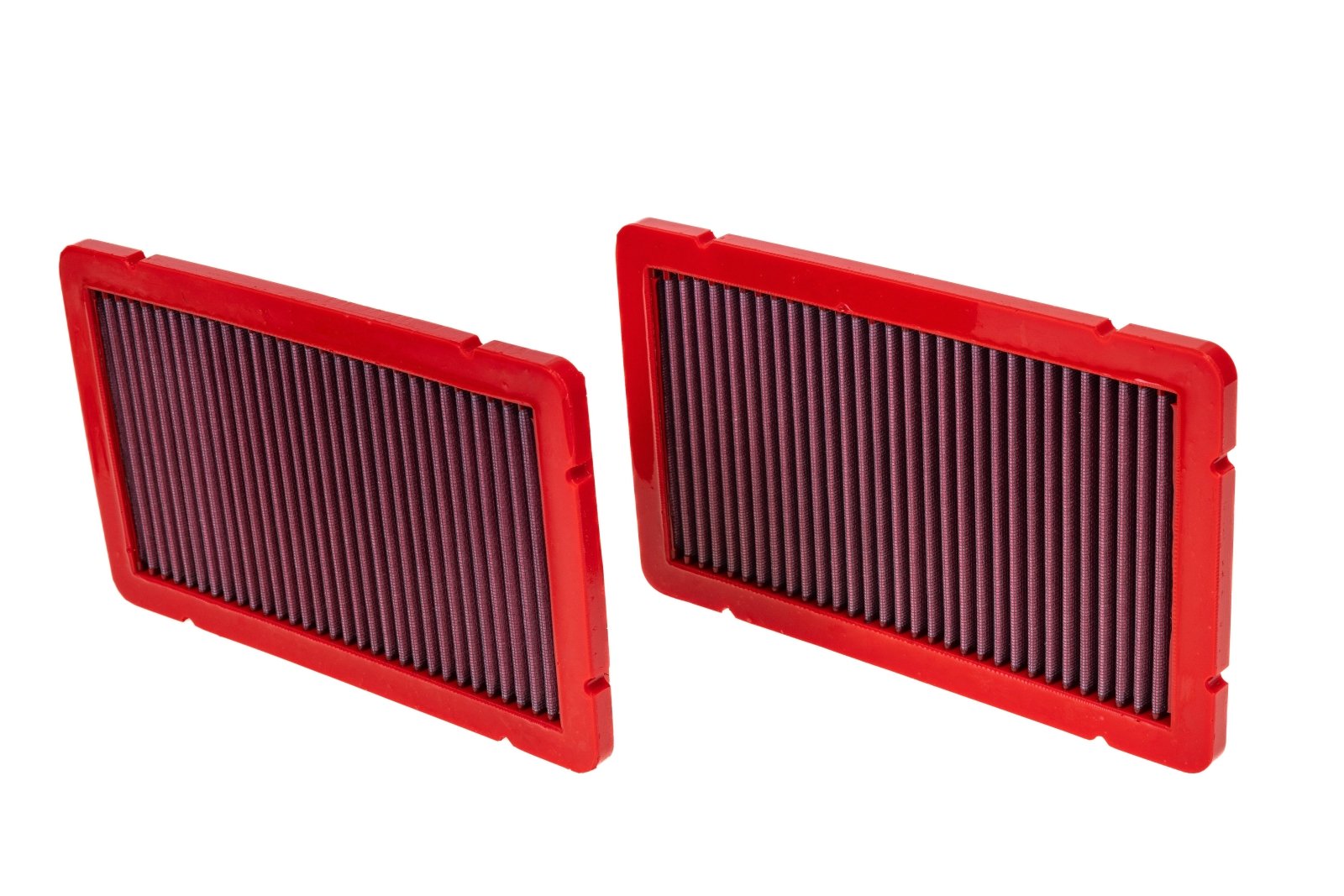 BMC FB129/03 red cotton replacement panel air filter, two-filter upright three-quarter view
